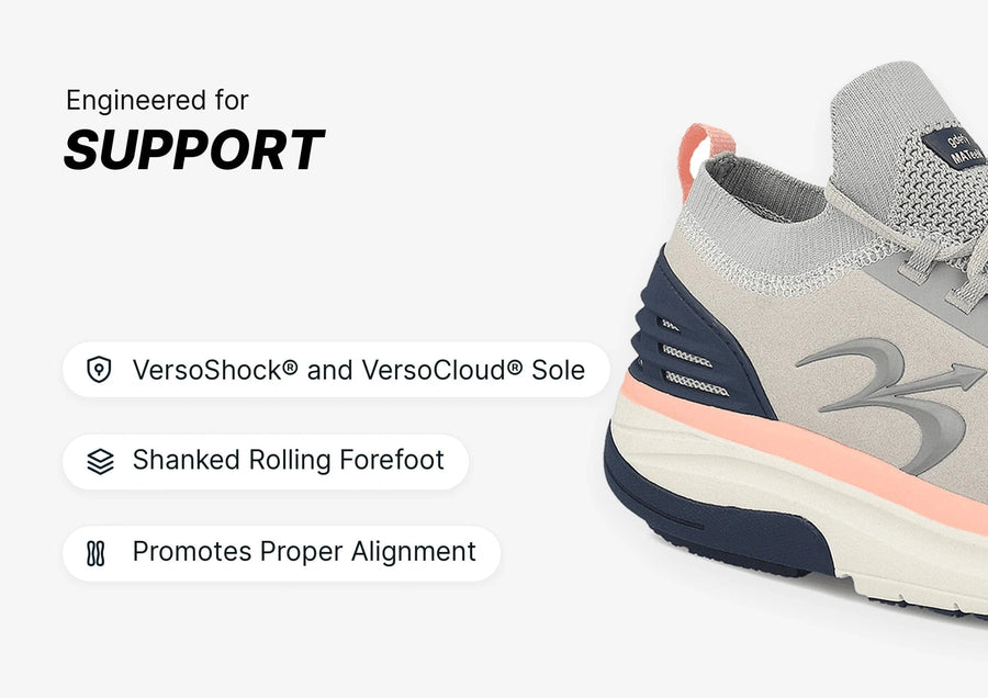 Grey, navy, and peach athletic shoe with VersoShock and VersoCloud Sole, designed for support and proper alignment.