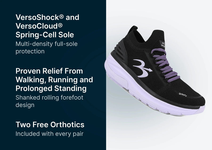 Black gdefy athletic shoe with purple laces and a thick light purple sole, displayed with product benefit descriptions.