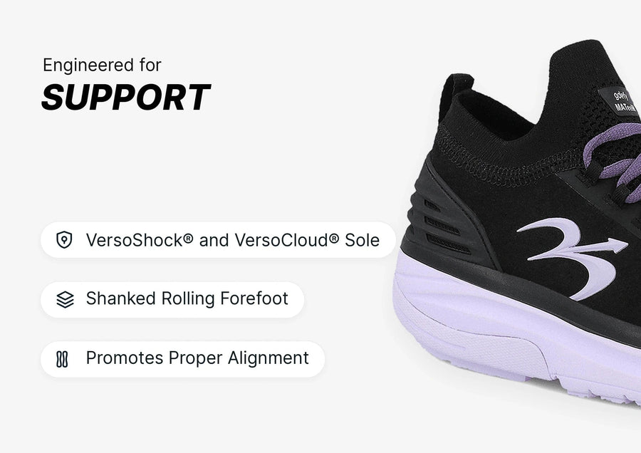 Black athletic shoe with purple laces and light purple sole, showcasing VersoShock® and VersoCloud® Sole for enhanced support