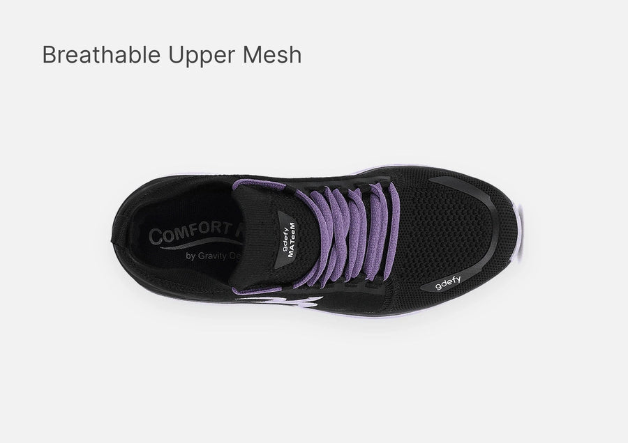 Black running shoe with breathable mesh upper and purple laces, shown from a top-down view.