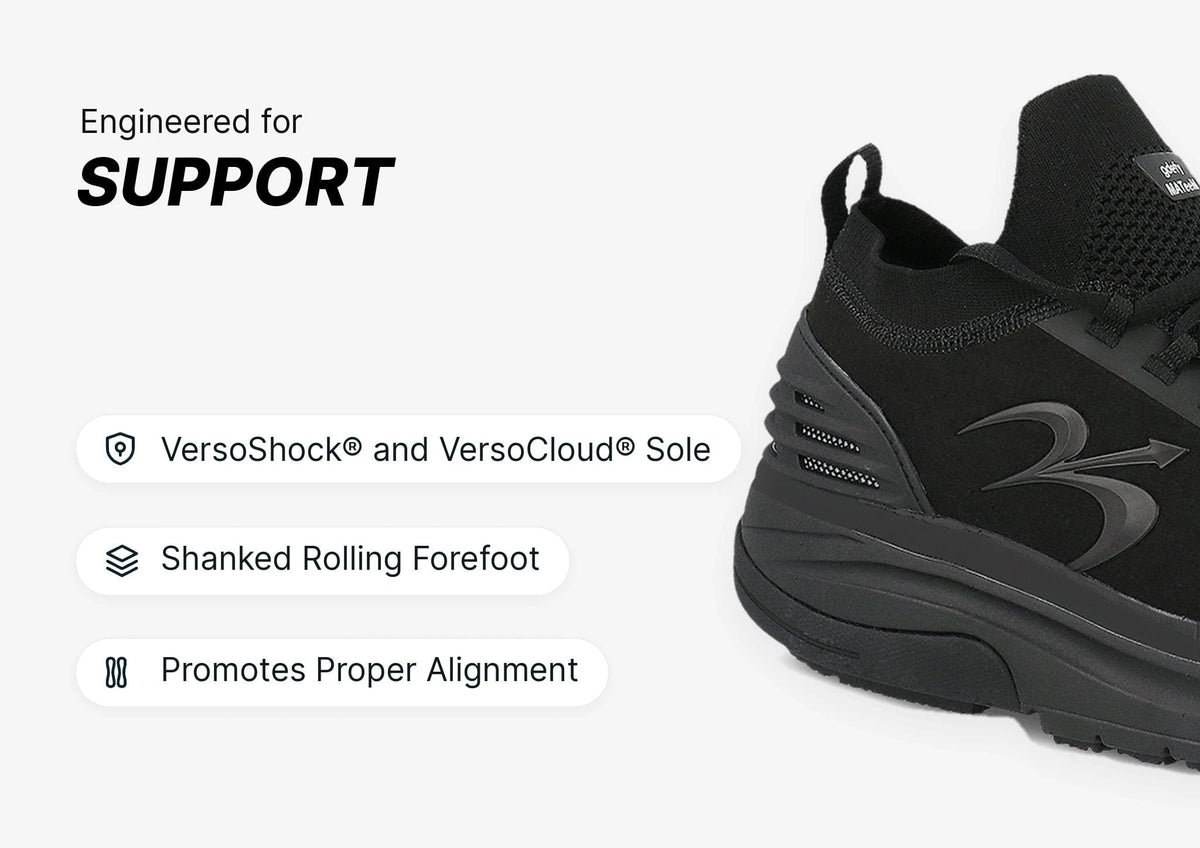 Black athletic shoe, close-up of the heel and midfoot, featuring a supportive VersoShock and VersoCloud sole.