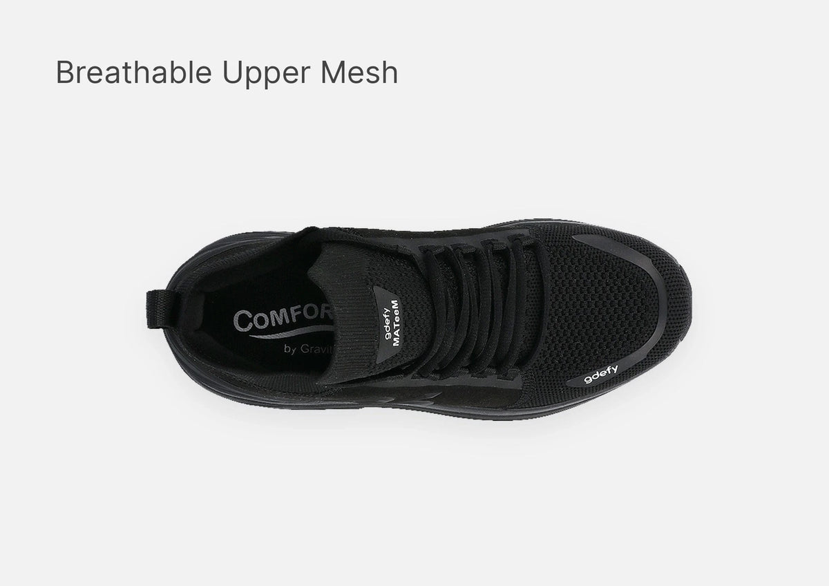 Black athletic sneaker with a breathable mesh upper, featuring a top-down view highlighting the texture.