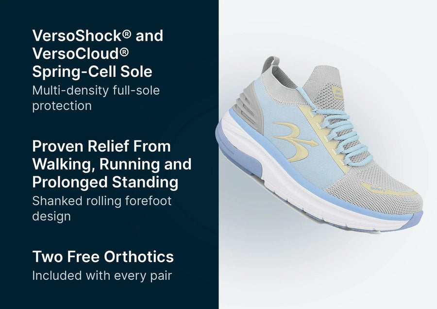 Light blue and grey mesh athletic shoe with a chunky white and blue sole, light blue laces, and a cream "B" logo.