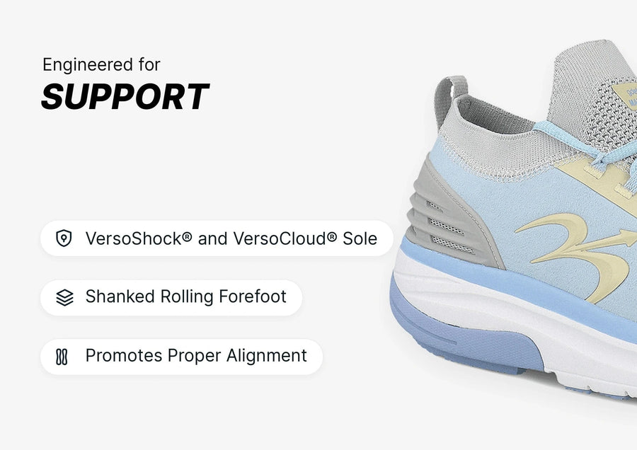 Close-up of a light blue and grey athletic shoe with a white and blue sole, emphasizing its support features.