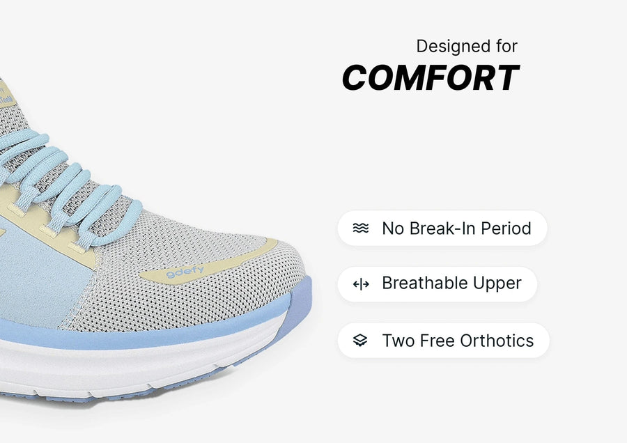Light blue and white athletic shoe with a mesh upper and light blue laces, alongside text detailing comfort features.