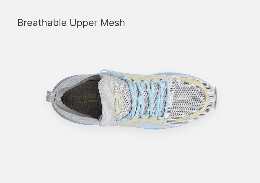 Light gray and blue running shoe from a top-down view, highlighting the breathable upper mesh and light blue laces.