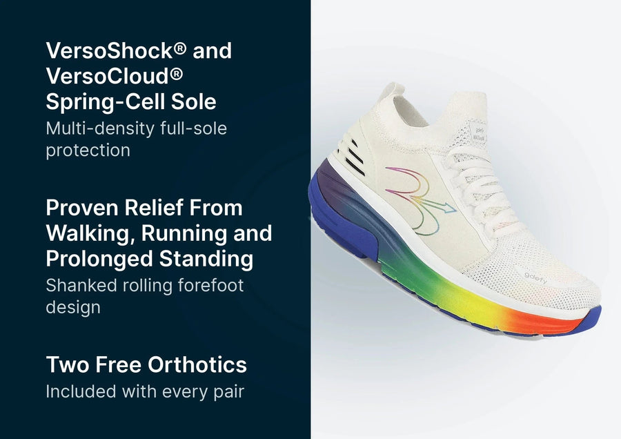White athletic shoe with a rainbow-colored VersoShock® and VersoCloud® Spring-Cell Sole, featuring a GDefy logo.