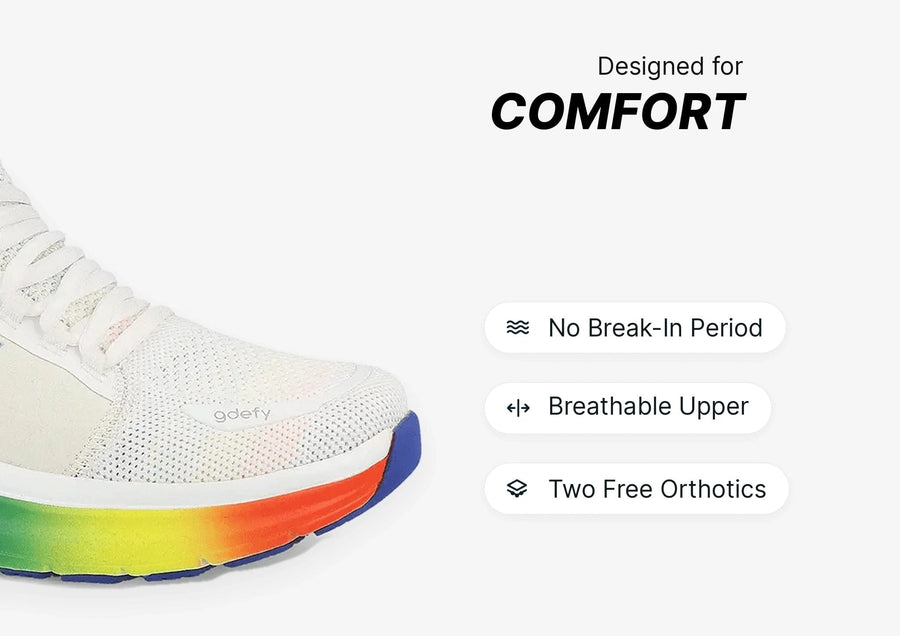 White mesh sneaker with a vibrant rainbow sole, designed for comfort with a breathable upper.