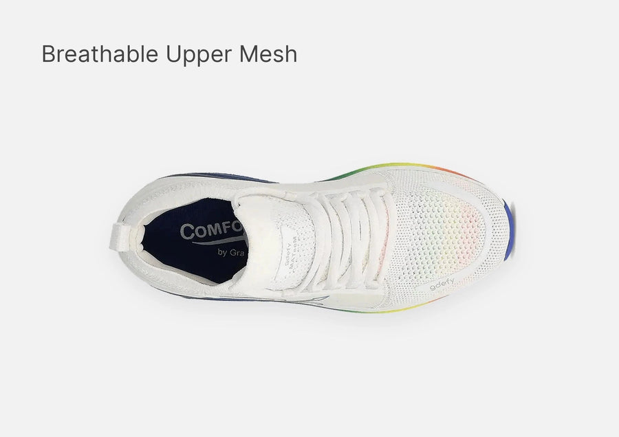 White athletic shoe with breathable mesh upper, vibrant rainbow sole, and 'gdefy' logo, top-down.