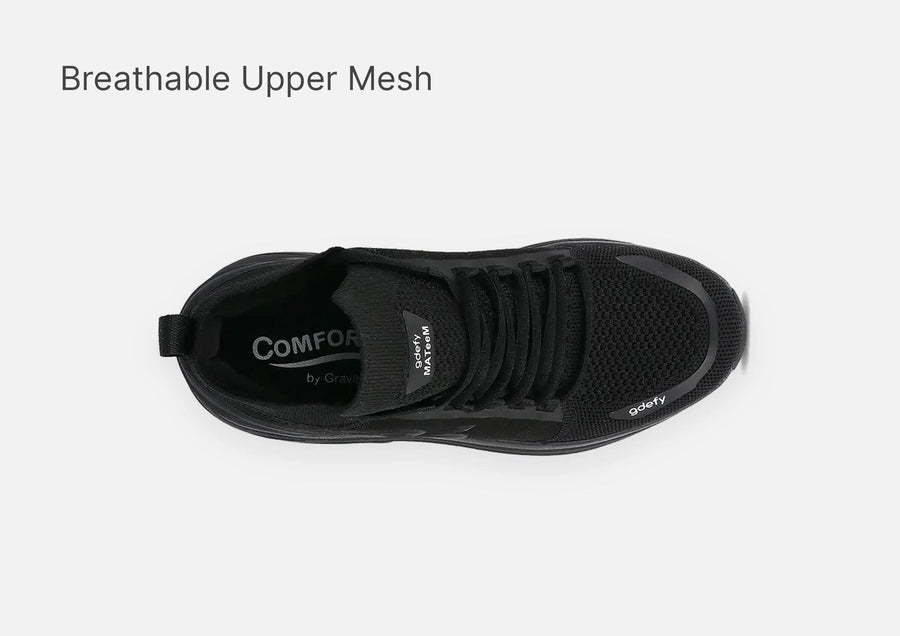 Black gdefy sneaker with a breathable mesh upper, featuring "COMFOR by Gravity" inside, viewed from top-down.