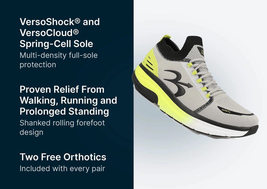 Grey and neon yellow athletic shoe with a mesh upper, black collar, and thick VersoShock® and VersoCloud® spring-cell sole.