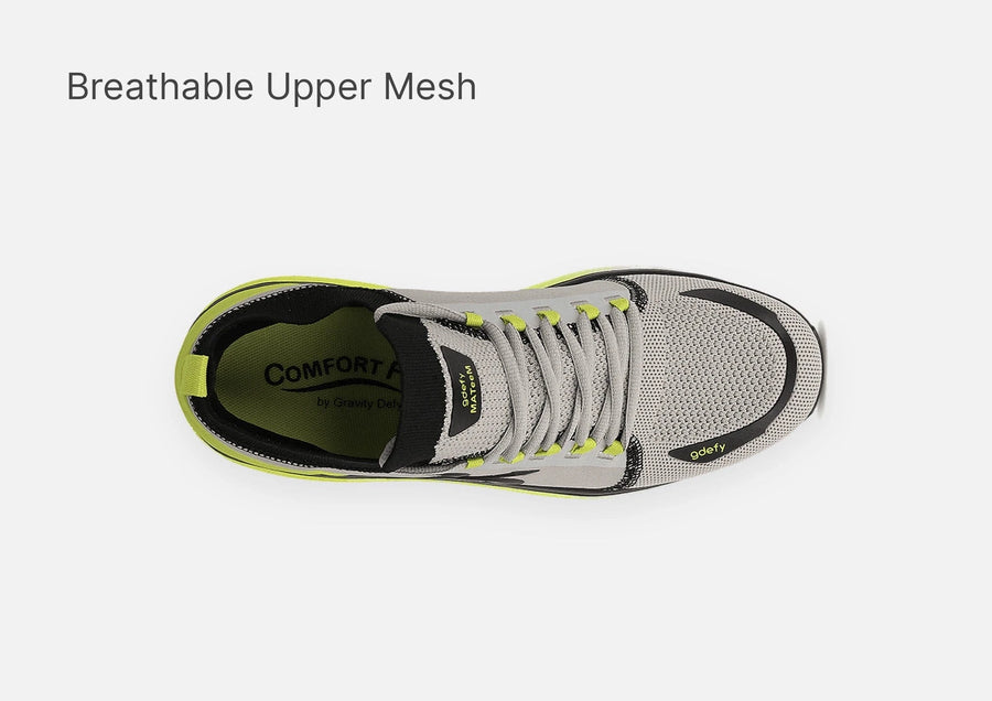 Grey and black Gdefy running shoe with neon yellow accents, featuring a breathable mesh upper, viewed from above.