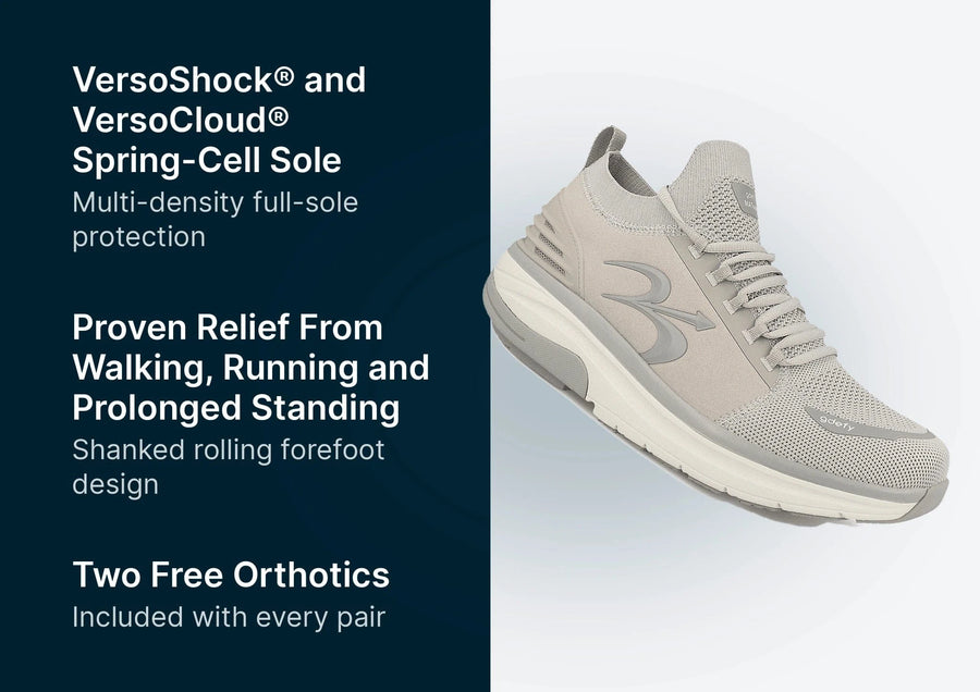 Light grey gdefy athletic sneaker with mesh toe, suede-like panels, thick spring-cell sole, and side logo.