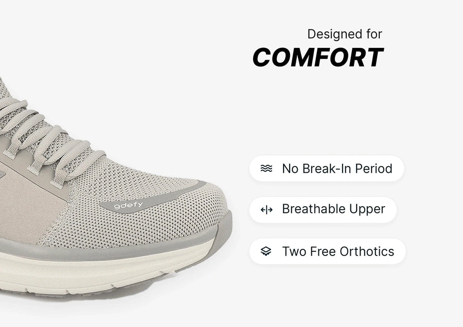 Light grey athletic shoe with breathable mesh upper, highlighting comfort features like no break-in period and free orthotics