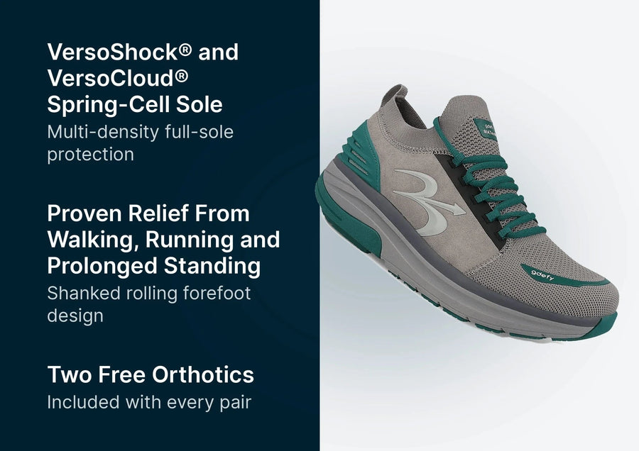 Gray and teal athletic shoe with a thick VersoShock sole, mesh upper, and teal laces, shown on a white background.