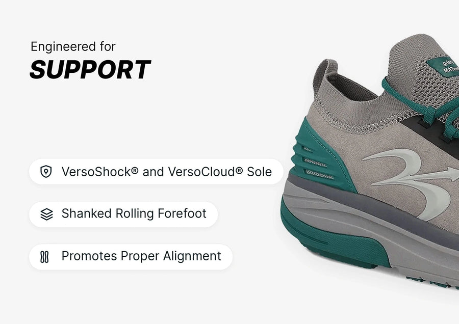 Grey and teal athletic shoe engineered for support, featuring VersoShock and VersoCloud Sole for proper alignment.