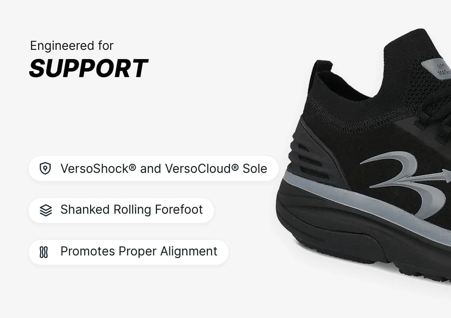 Black athletic shoe with gray accents, highlighting its VersoShock and VersoCloud sole for superior support and proper alignm
