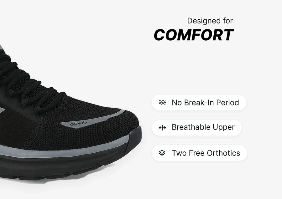Black mesh sneaker with gray accents, showcasing features like breathable upper and no break-in period for comfort.