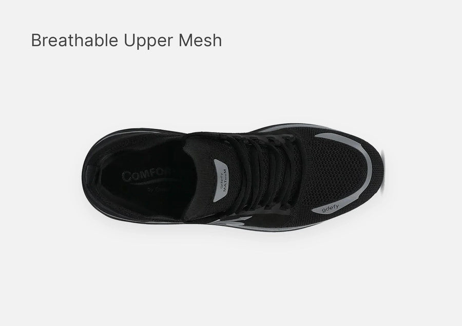 Black athletic shoe with a breathable mesh upper, shown from a top-down perspective, featuring grey accents.