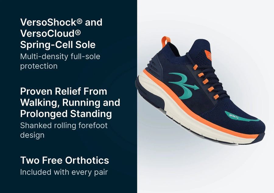 Athletic shoe in navy blue with orange and teal accents, featuring a white sole, presented floating.
