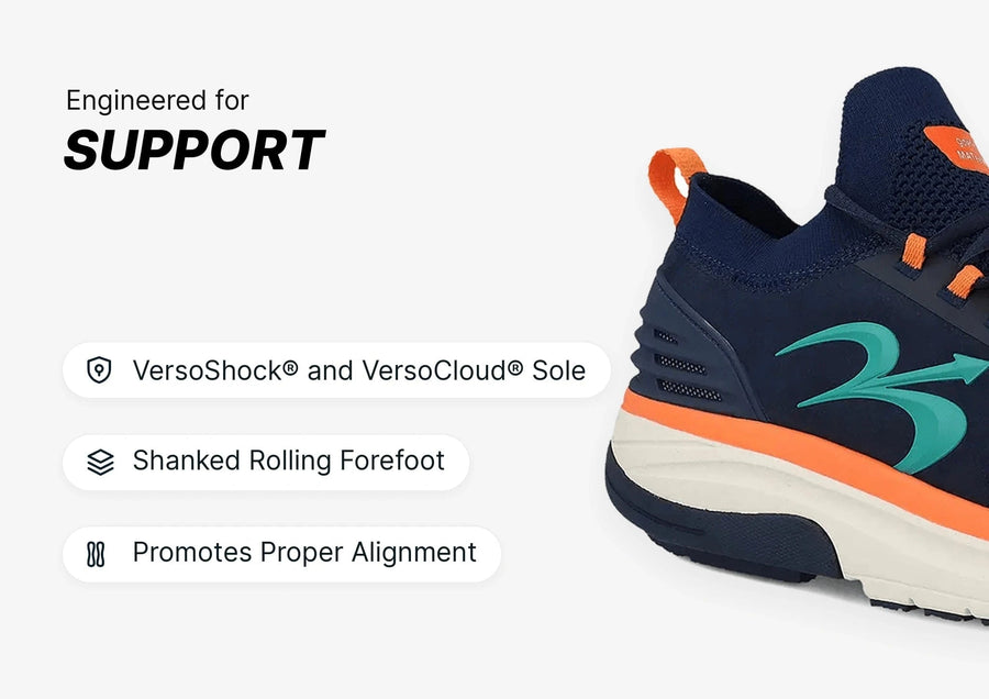 Navy blue and orange athletic shoe, highlighting the thick cream sole and teal logo, engineered for support with VersoShock a