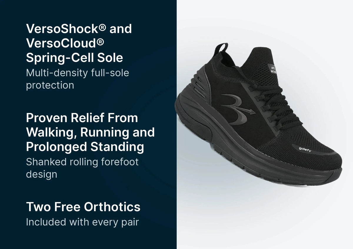 Black GDefy athletic shoe with mesh upper, suede-like accents, and a thick, multi-density sole for comfort.