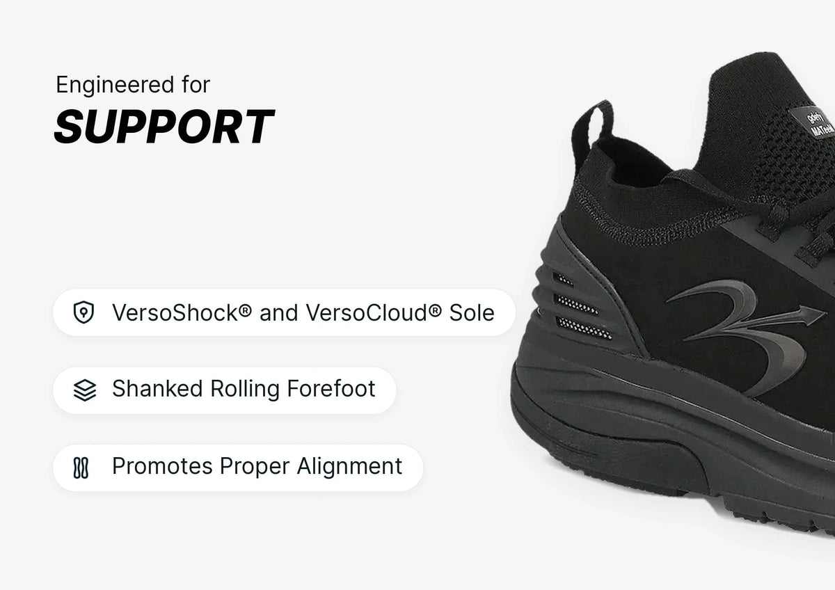 Black athletic shoe, close-up of the side with supportive VersoShock and VersoCloud Sole and shanked rolling forefoot. Engine