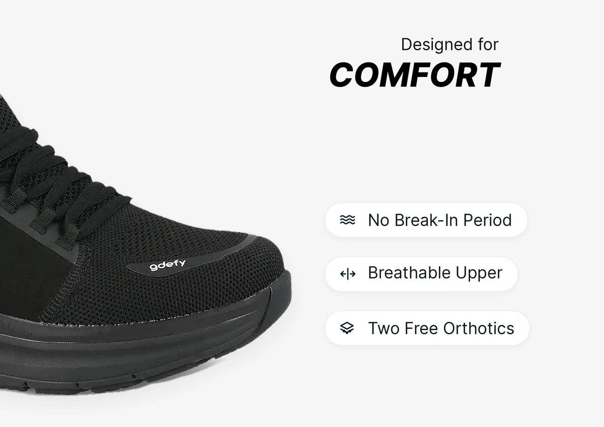 Black sneaker with mesh upper and thick sole, shown with comfort features like no break-in period and breathable design.