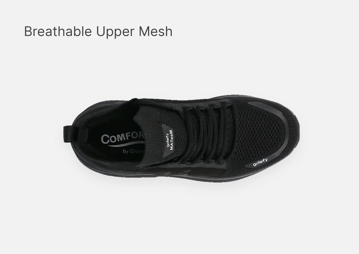 Black gdefy sneaker with a breathable upper mesh, shown from a top-down view to highlight the material.