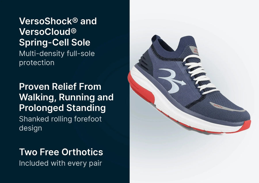 Navy blue athletic shoe with white laces, a white midsole, and a red outsole, featuring a prominent '3' logo on the side.