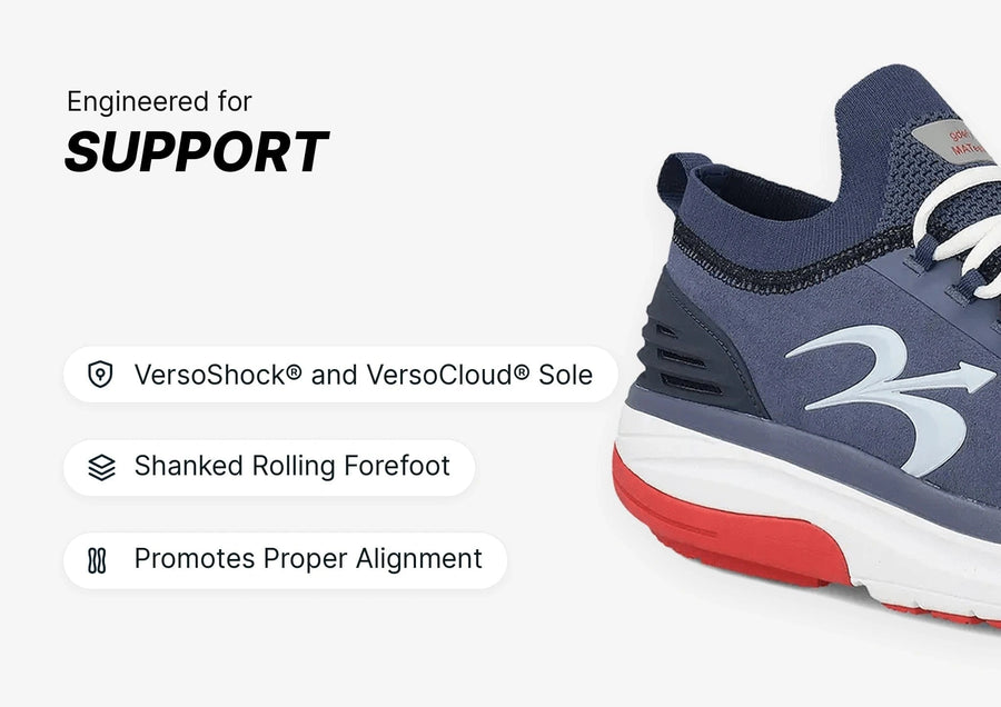 Navy blue athletic shoe with white laces and a thick white and red sole, highlighting support features like VersoShock and Ve
