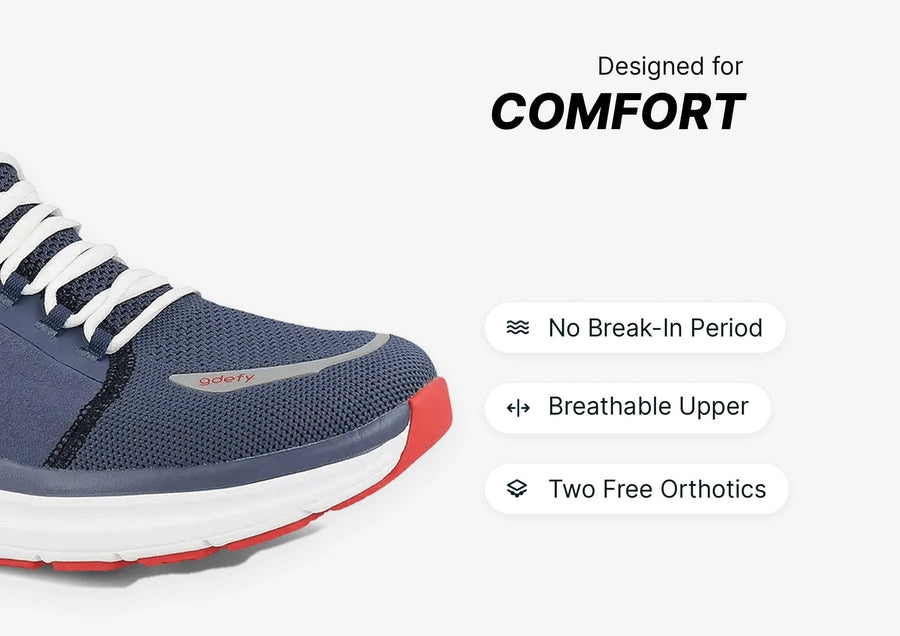 Blue mesh running shoe with white laces, white midsole, and red outsole, emphasizing comfort features.