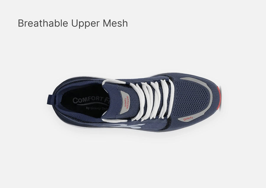 Navy blue gdefy athletic sneaker with a breathable mesh upper and white laces, shown from a top-down view.