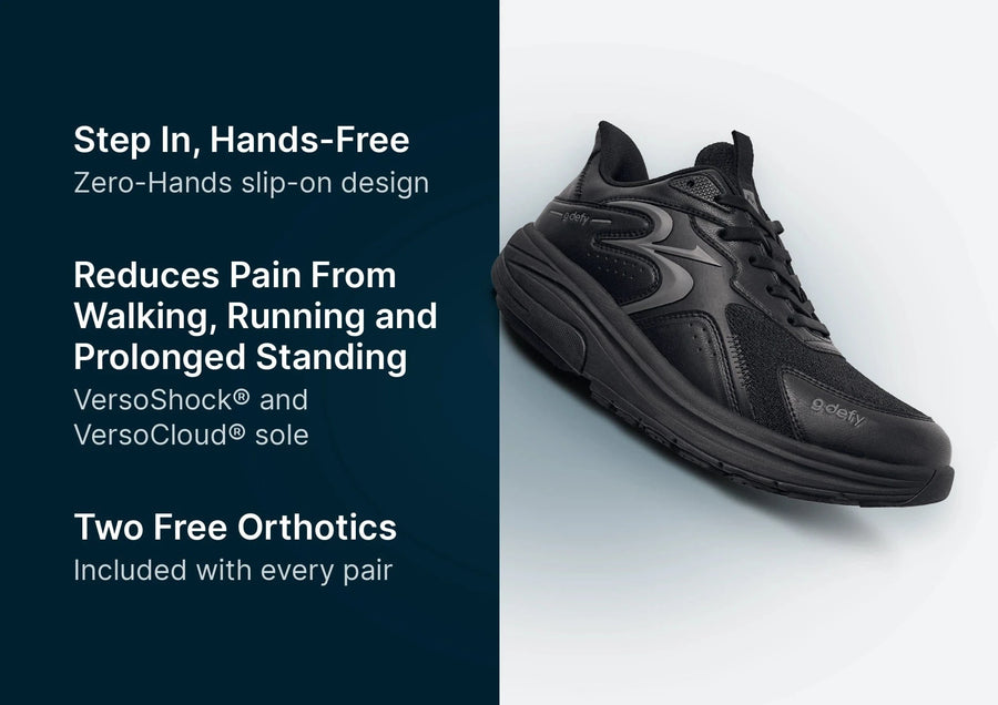 Black slip-on athletic shoe with thick sole, displayed next to a panel listing benefits like pain reduction and free orthotic