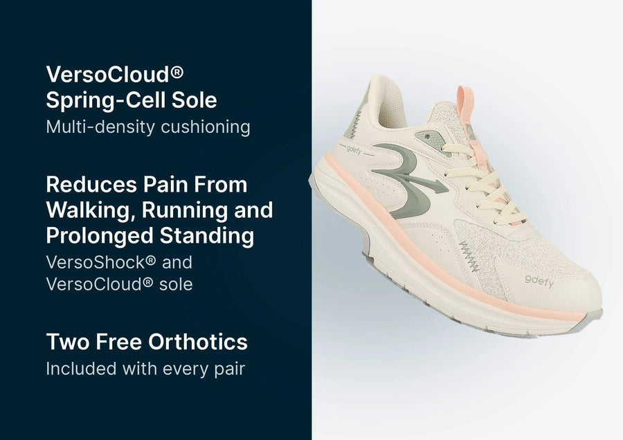 Gdefy walking sneaker in cream with pink and grey accents, featuring a VersoCloud Spring-Cell Sole for pain relief.