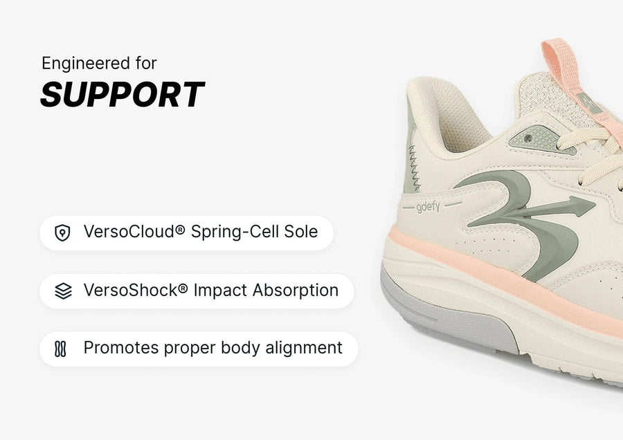 White and pink sneaker with green logo, showcasing VersoCloud® Spring-Cell Sole and VersoShock® Impact Absorption for support