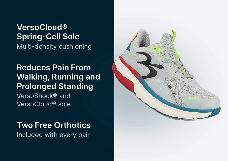 Athletic shoe with a grey mesh upper, vibrant red, blue, and white multi-density VersoCloud sole, and lime green accents.