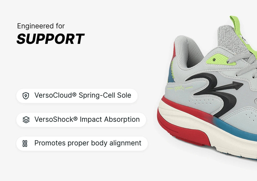 Grey athletic shoe with red and blue sole accents, engineered for support with VersoCloud Spring-Cell and VersoShock features
