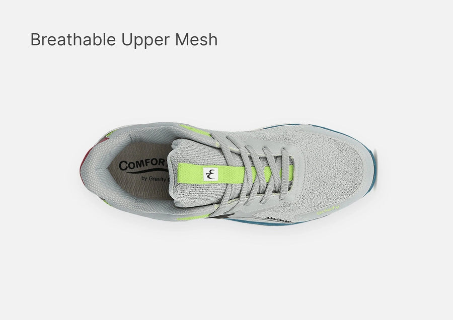 Grey running shoe with breathable upper mesh and neon green accents, viewed from above.