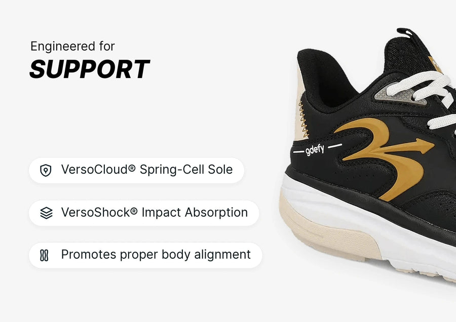 Black and gold athletic sneaker with white laces, showcasing VersoCloud Spring-Cell Sole and VersoShock Impact Absorption for