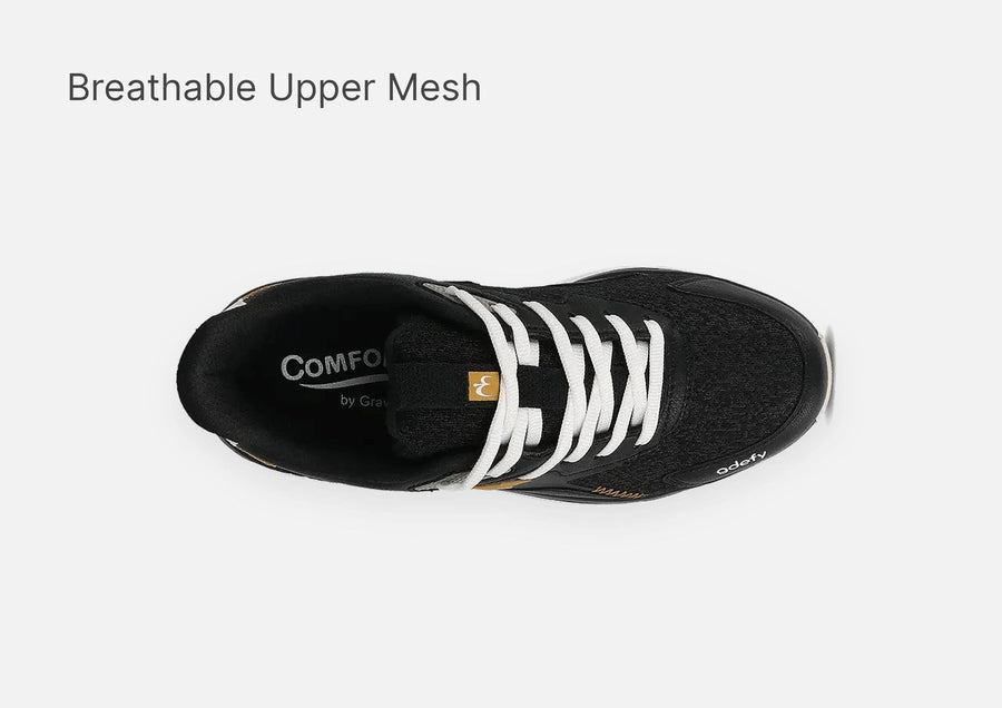 Black running shoe with a breathable mesh upper, white laces, and gold accents, shown from a top-down view.