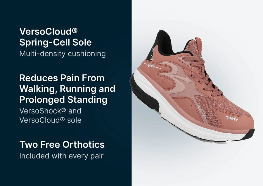 Dusty rose athletic sneaker with black and white multi-density sole and gdefy branding.