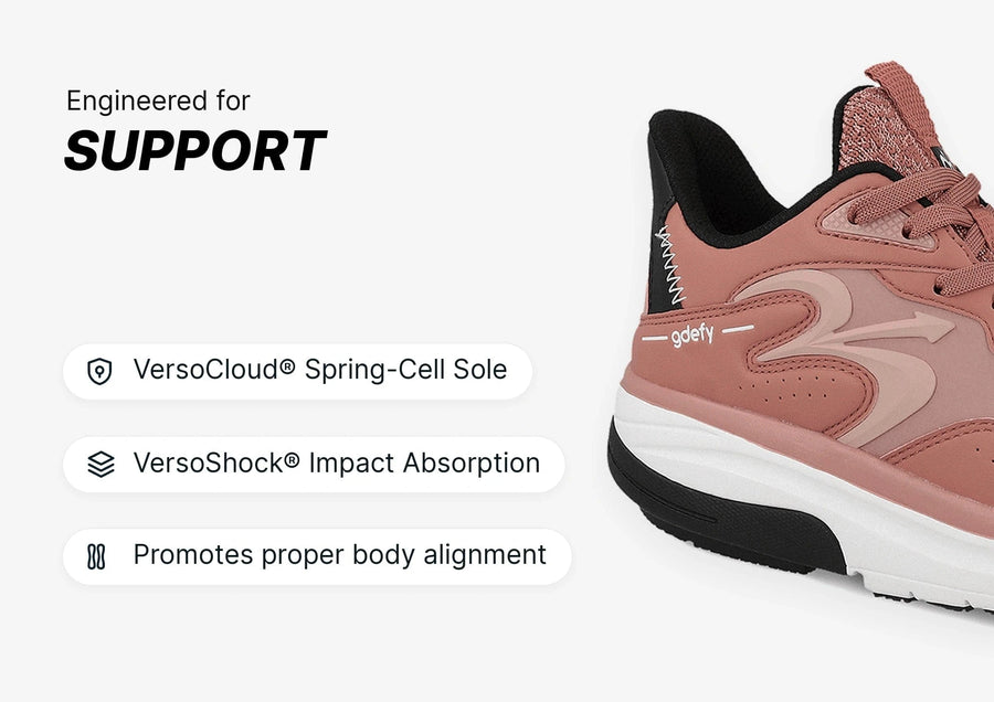 Pink athletic shoe with a multi-layered white and black sole, engineered for support and impact absorption, featuring "gdefy"