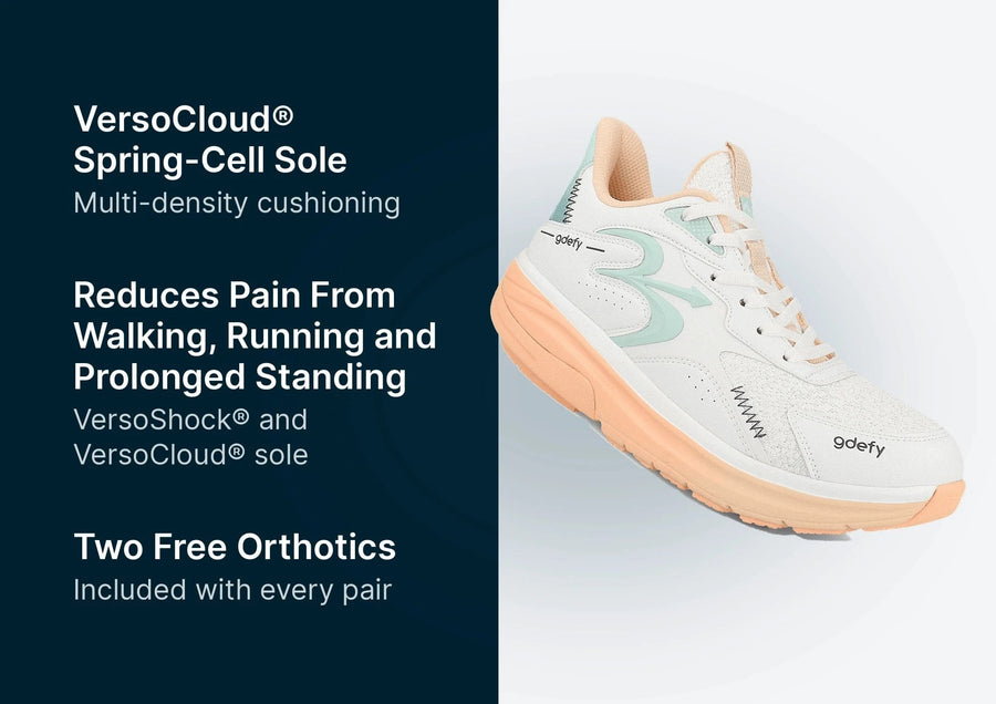 White gdefy athletic shoe with a prominent light peach sole and mint green accents, featuring a mesh upper.