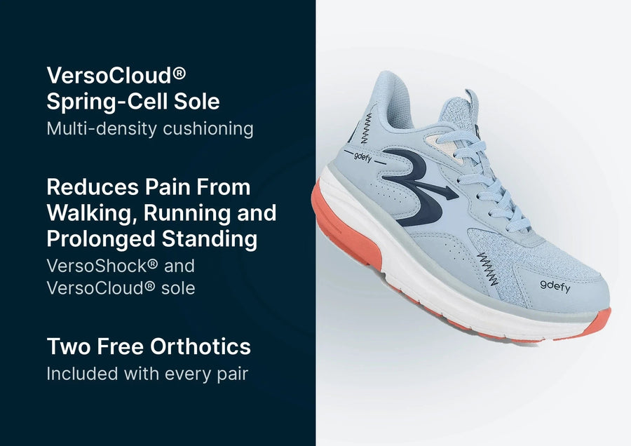 Light blue athletic shoe with a thick white and orange VersoCloud® Spring-Cell sole, designed for multi-density cushioning.