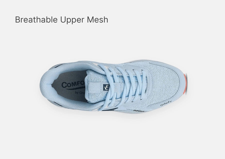 Light blue Odefy running shoe from a top-down view, showcasing its breathable mesh upper and light blue laces.