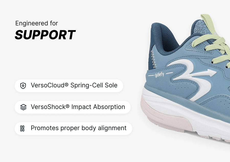 Blue and white GDefy athletic shoe, highlighting its supportive design with VersoCloud Spring-Cell Sole and VersoShock Impact