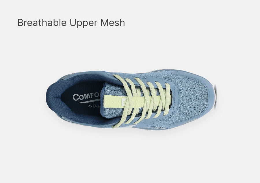 Blue mesh running shoe with dark blue interior and light yellow laces, shown from a top-down view.