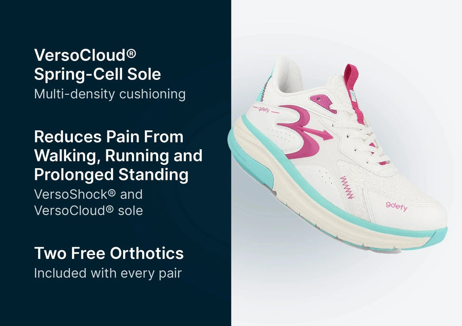 White GDefy athletic sneaker featuring a bold pink logo and vibrant teal accents on the multi-layered sole.