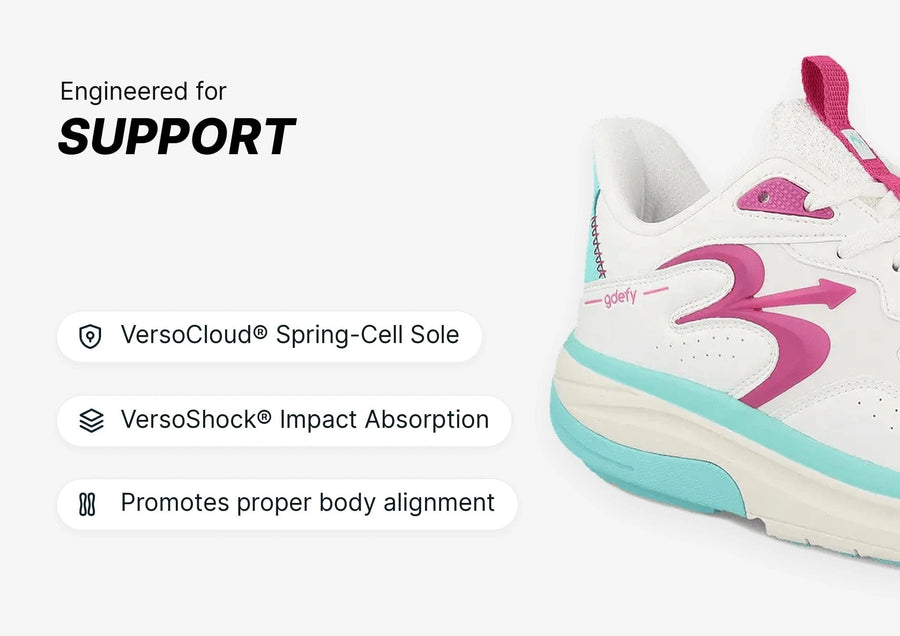 White, pink, and teal sneaker, highlighting its support features: VersoCloud® Spring-Cell Sole, VersoShock® Impact Absorption